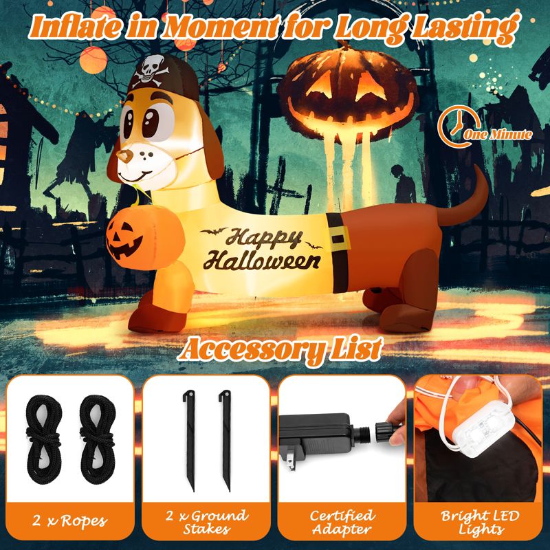Tangkula 5.5 FT Long Halloween Inflatable Decoration Blow Up Dachshund Wiener Dog w/ Pirate Hat & Pumpkin Built-in LED Lights, 5 of 10