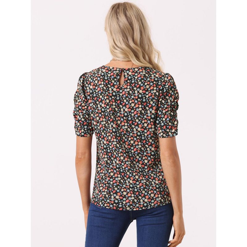 Allegra K Women's Floral Summer Crew Neck Casual Shirred Short Sleeve Blouse, 5 of 8