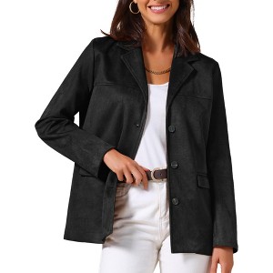 INSPIRE CHIC Women's Faux Suede Vintage Button Down Notched Lapel Long Sleeve with Pockets Blazer - 1 of 4