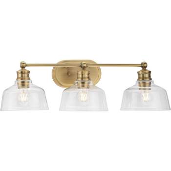 Progress Lighting Singleton 3-Light Vanity Fixture, Vintage Brass, Clear Glass Shades, Steel Material, Damp Rated