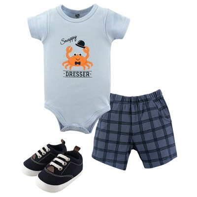 Hudson Baby Infant Boy Cotton Bodysuit, Shorts And Shoe 3pc Set, Crab ...