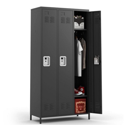 Munora - 72" 3-Door Metal Locker Storage Cabinet - Lockable for Office/School/Gym - Black