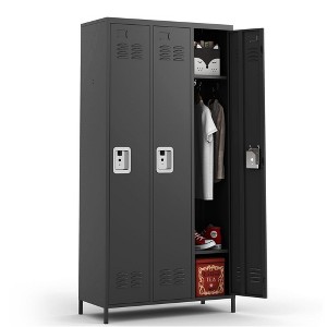 Munora - 72" 3-Door Metal Locker Storage Cabinet - Lockable for Office/School/Gym - Black - 1 of 4