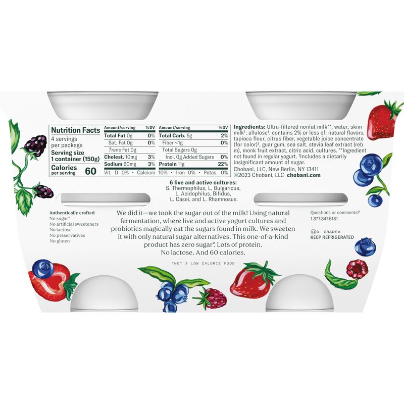 Chobani Zero Sugar Mixed Berry Greek Yogurt - 4ct/5.3oz Cups, 5 of 12