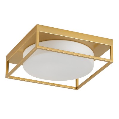 Modern Square Flush Mount Ceiling Light - Gold Iron Frame with Clear Glass Panel, Industrial Chic Lighting for Living Room Bedroom Dining Room
