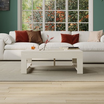 FUFU&GAGA Square-shaped White Light - toned Wood - grain Coffee Table: Unique Design, Functional Storage for Living Room