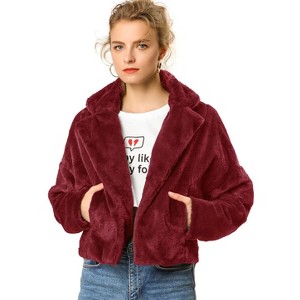 Allegra K Women's Cropped Notch Lapel Open Front Faux Fur Fluffy Coat - 1 of 4