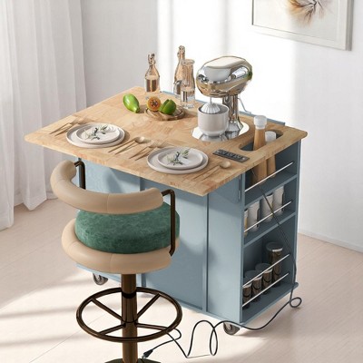 Rolling Kitchen Island Cart, Drop Leaf, Wine Rack, Rubberwood Top, Adjustable Storage and Lockable Wheels, Kitchen Cabinets