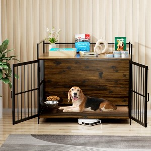 ORRD 41" Dog Cage Furniture with Cushion, Indoor Kennel with Rotating Feeder Bowls, Brown - 1 of 4