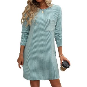 Coolmee Women Spring Fall Fashion T Shirt Mini Dresses Long Sleeve Crewneck Striped Casual Short Dress with Pockets - 1 of 4