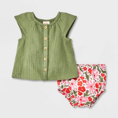 Image of Baby Girls' Gauze Top & Bottom Set - Cat & Jack™ Green 3-6M
