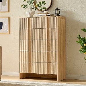 AMERLIFE Fluted Modern Chest Dresser with Pine Handles, Rounded Corners & Anti-Tip, 48" Tall Wood Storage Organizer for Living Room - 1 of 4