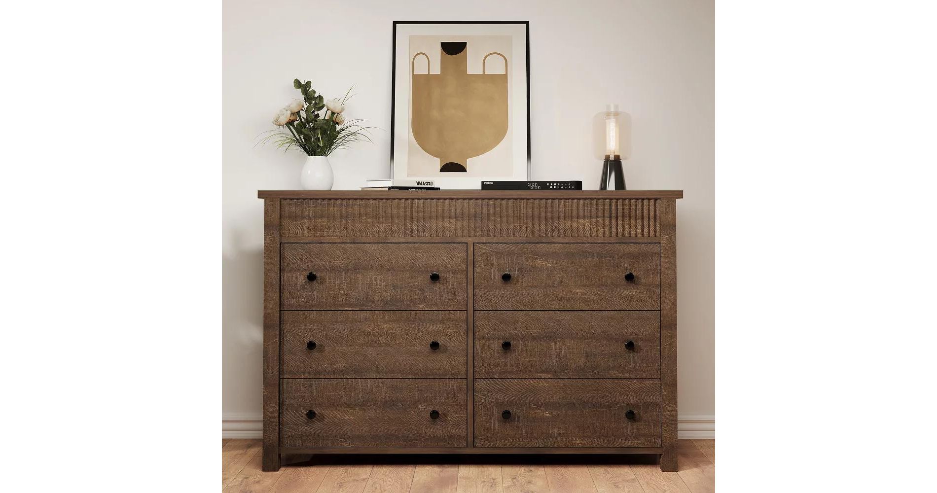 6-Drawer Dresser & TV Stand with Fluted Detailing, Wooden Storage Organizer for Bedroom, Living Room, or Hallway