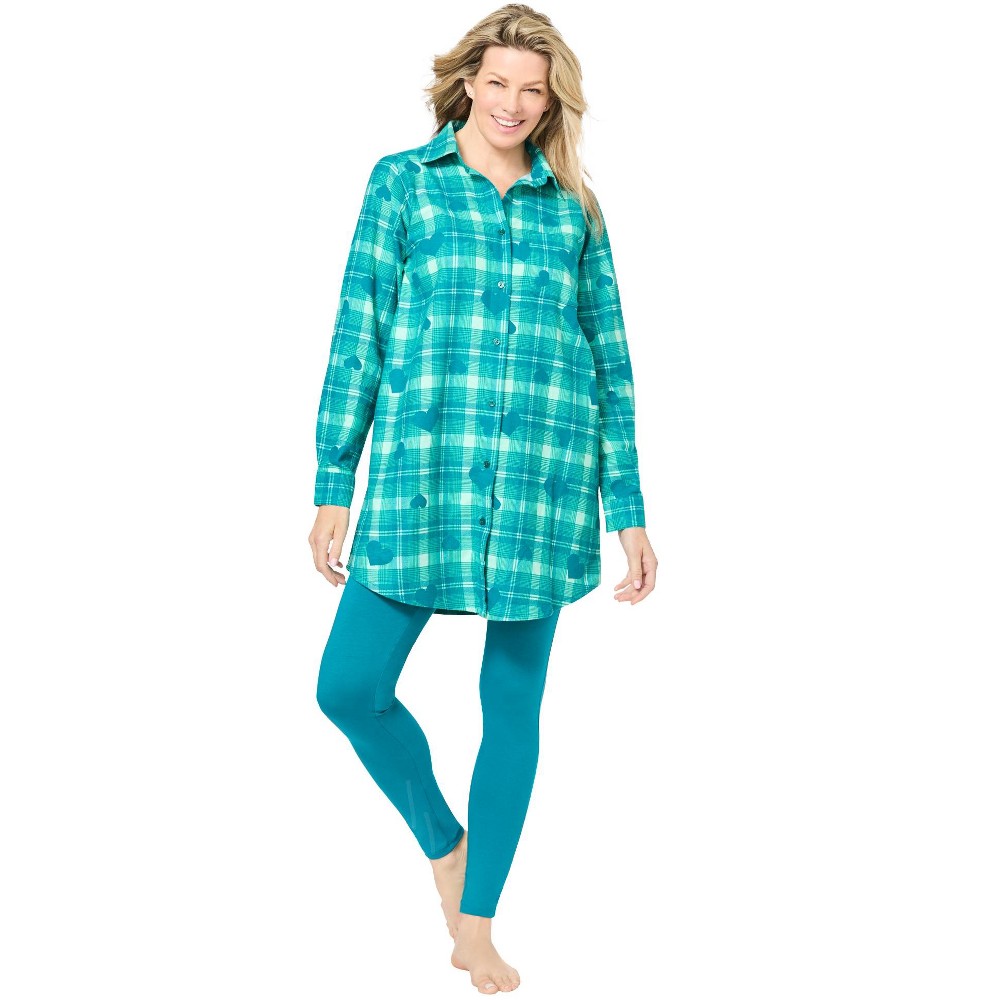 Dreams & Co. Women's Plus Size Plaid Pj Set - Deep teal plaid heart