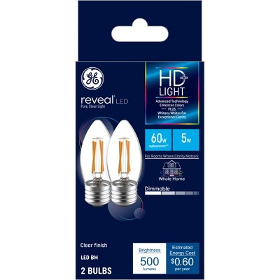 GE 2pk 60W Reveal HD+ LED BM Decorative Light Bulbs: Dimmable, 5W, 500 Lumens, E26 Base, Suitable for Wet Locations