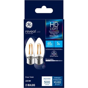 GE 2pk 60W Reveal HD+ LED BM Decorative Light Bulbs: Dimmable, 5W, 500 Lumens, E26 Base, Suitable for Wet Locations - 1 of 4