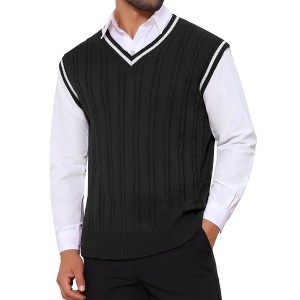INSPIRE CHIC Men's V-Neck Sleeveless Solid Color Cable Knitted Sweater Vest - 1 of 4