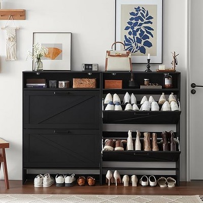 Gericco Shoe Storage Cabinet with 2 Flip Drawers,Farmhouse Narrow Shoe Organizer with Legs,Freestanding Hidden Slim Shoe Rack Cabinet
