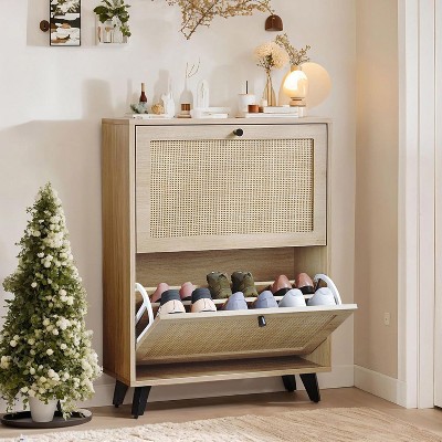 Angel Sar Rattan Shoe Cabinet for Entryway, Slim Shoe Storage Cabinet with 2 Flip Drawers, Natural Wood