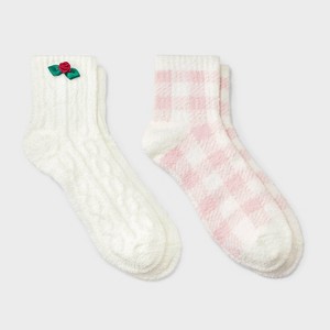 Women's Rose Trim 2pk Cozy Quarter Crew Socks - Cream Combo 4-10