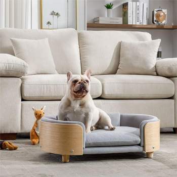 Bulldog Large Dog Beds With Removable Washable Cover, Velvet Cushion With Solid Wood legs and Bent Wood Back-The Pop Maison