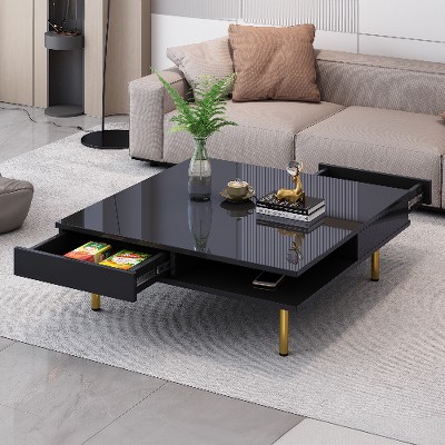 Lyngins Geometric Coffee Table with LED Strip Lights – UV High-Gloss Finish, Double-Layer Storage, 2-Tier Square Center Table for Living Room