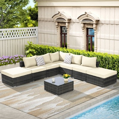 Outdoor Sofa Set, 8 Pcs Patio Sectional Sofa Couch, Wicker Sofa Sets with Washable Cushions, Sofa with Glass Coffee Table-Coolbibila