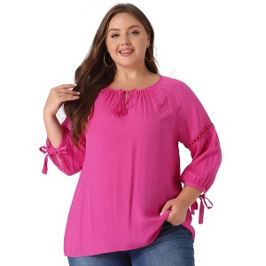 Agnes Orinda Women's Plus Size Tie Tassel V Neck Hollow Bowknot Long Sleeve Casual Blouses - 1 of 4