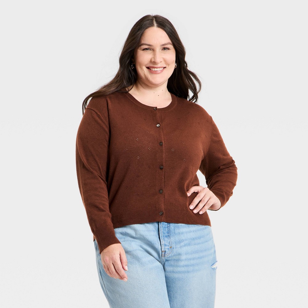 Women's Button-Up Pointelle Cardigan - A New Day™ Brown 4X