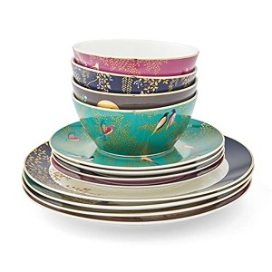 Sara Miller London Chelsea 12 Piece Dinnerware Set - Fine China Plates & Bowls Featuring Vibrant Birds & Floral Art for Afternoon Tea or Dining - 1 of 4
