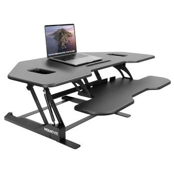 Mount-It! Height Adjustable Corner Standing Desk Converter with Gas Spring Handle | Stand Up Computer Workstation with Ergonomic Keyboard Tray 