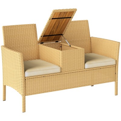 Outsunny Rattan Patio Loveseat with Built-in Flip-Top Coffee Table, Outdoor Wicker Sofa with Cushions for Balcony, Garden, Lawn, Backyard, Khaki