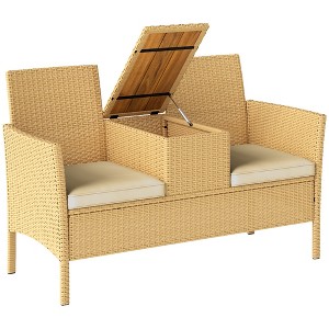 Outsunny Rattan Patio Loveseat with Built-in Flip-Top Coffee Table, Outdoor Wicker Sofa with Cushions for Balcony, Garden, Lawn, Backyard, Khaki - 1 of 4