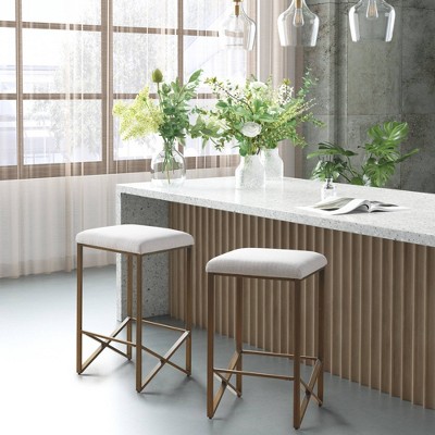Ivory and Bronze Backless Upholstered Counter Stool with Metal Base