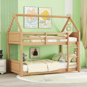 TIRAMISUBEST Twin over Twin Rubber Wood Floor Bunk Bed with Ladder and Guardrails, House-Shaped-Bunk Bedframe with Roof Design, Headboard & Footboard - 1 of 4