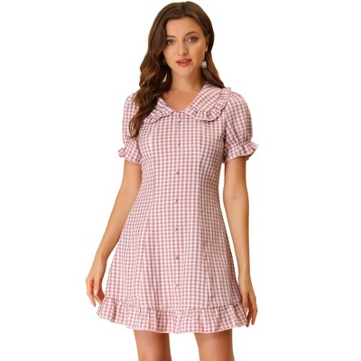 Allegra K Women's Plaid Gingham Puff Sleeve Ruffle Peter Pan Collar Vintage  Dress Dusty Pink Small : Target