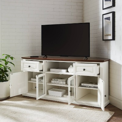 White Mahogany Corner TV Stand with Cabinets, 66"