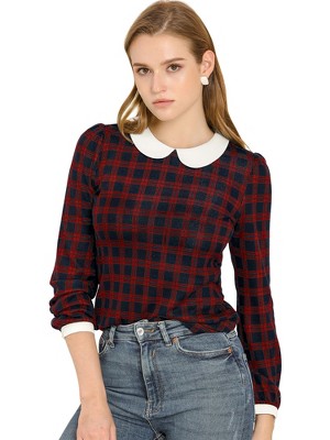 INSPIRE CHIC Women's Peter Pan Collar Contrast Puff Sleeve Plaid Blouse
