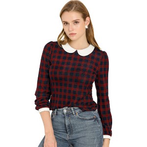 INSPIRE CHIC Women's Peter Pan Collar Contrast Puff Sleeve Plaid Blouse - 1 of 4