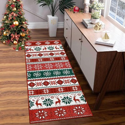 2x6 Christmas Foldable Runner Rug, Washable Low Pile Non-Shedding Carpet for Living Room Bedroom, Red/Green Holiday Floor Mat