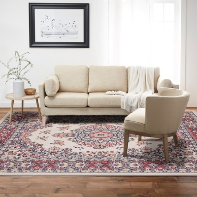 Ivory and Red Synthetic Traditional Medallion Area Rug