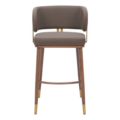 HomeRoots 30" Brown Gold and Walnut Steel and Faux Leather Low Back Bar Height Bar Chair