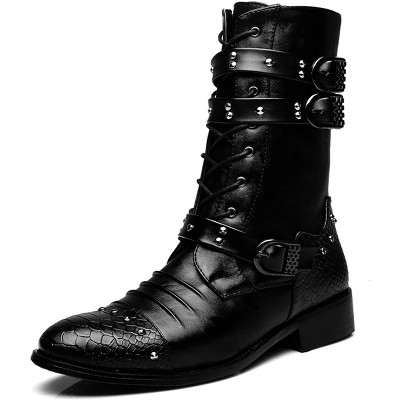 Santimon Men's Boots Retro Studded Rivet Buckle Zipper Western Motorcycle Combat Boot Heavy Metal Punk Rock Black
