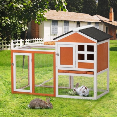 DOMETOUR 2-Story Wooden Rabbit Hutch Bunny Cage, Chicken Coop, Pet House for Small Animals Orange + White