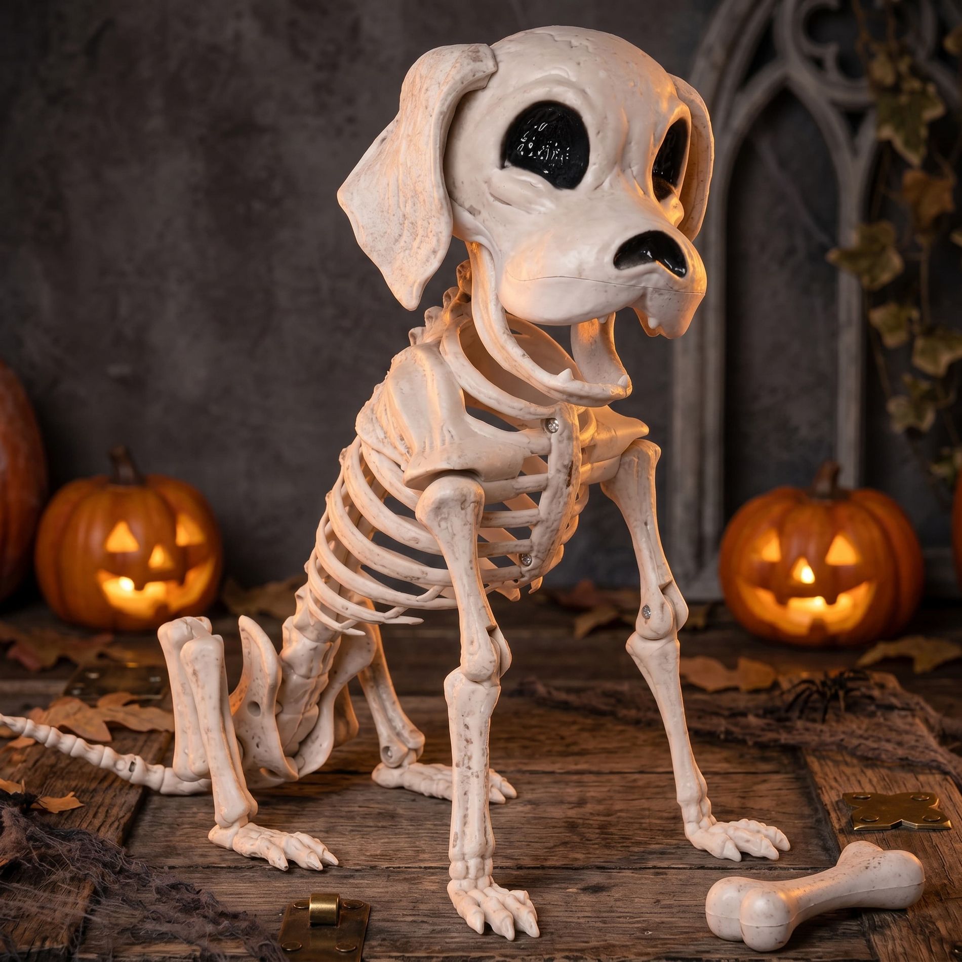 Joyfy 12.6" Halloween Decorations Dog Puppy Skeleton Full Body Posable for Spooky Scene Decor Halloween Party Favor Haunted House Graveyard Prop White