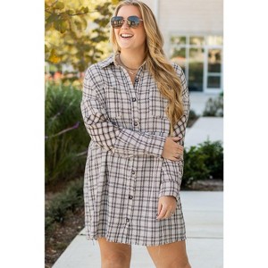 Stripe Plus Size Plaid Buttoned Raw Hem Tunic Shirt Dress - 1 of 4