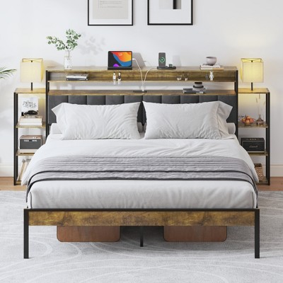 DOMETOUR Queen Bed Frame with Storage, LED Lights, Charging Station, Velvet Headboard with Shelves, Platform Bed, No Box Spring Needed, Noise Free