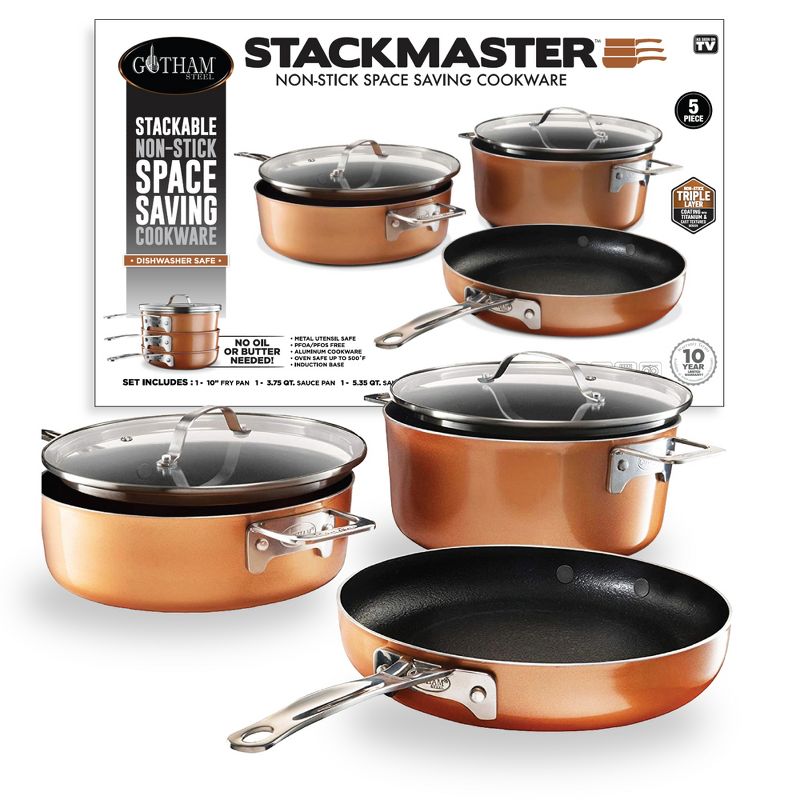 Gotham Steel Stackmaster 5 Piece Copper Space Saving Nonstick Cookware Set, 3 of 4