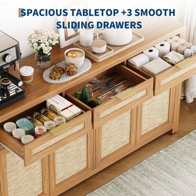 LinTimes Farmhouse Buffet Sideboard Cabinet 63in Storage Credenza W/ Rattan Panels, 3 Drawers, 4 Doors & Adjustable Shelves for Dining Room, Kitchen Dark Oak — фото 6