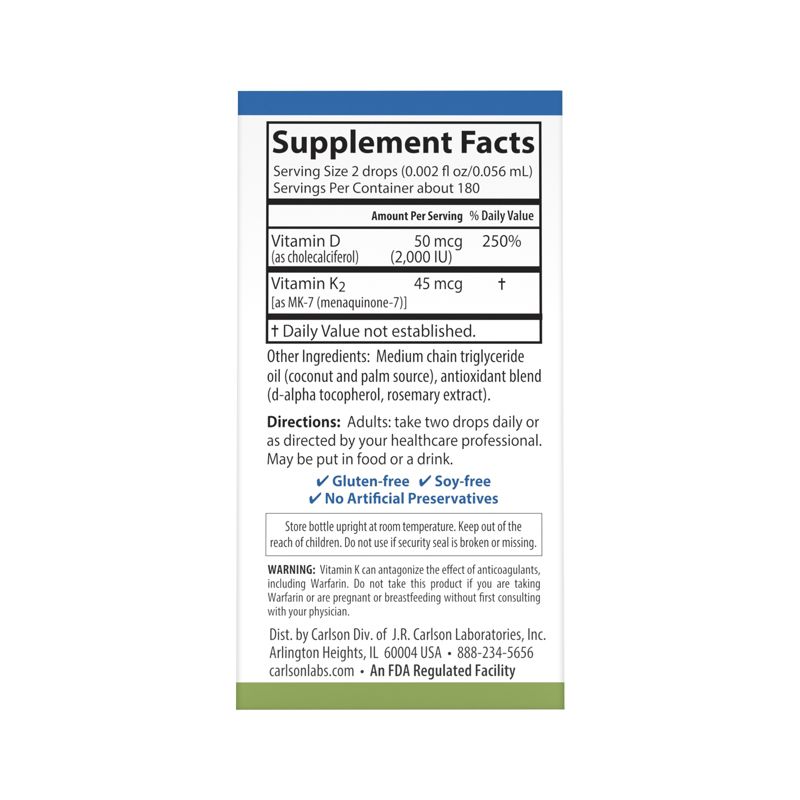 Carlson - Super Daily D3+K2, 50 mcg (2000 IU) & 45 mcg, Liquid Vitamins D & K, Vegetarian, Unflavored, 5 of 6